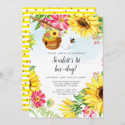 Bijen Verjaardag Uitnodiging Zonnebloem Verjaardag (Voorkant / Achterkant)