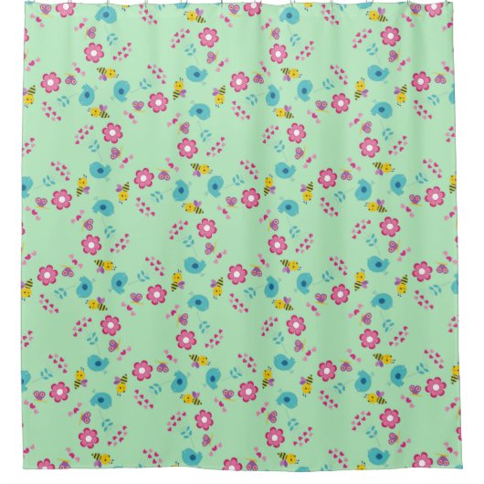 Bijen, vogels en bloemen groen patroon douchegordijn (Voorkant)