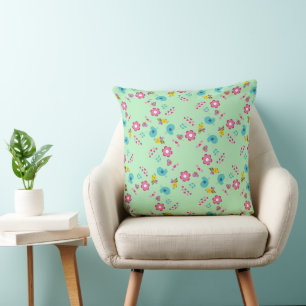 Bijen, vogels en bloemen groen patroon kussen
