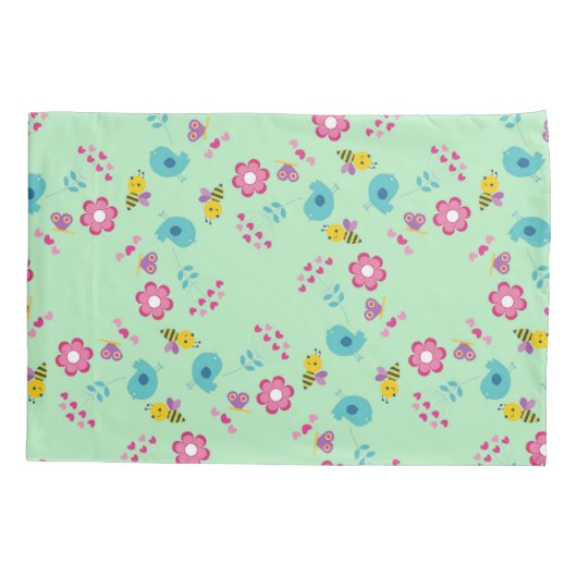 Bijen, vogels en bloemen groen patroon kussensloop (Achterkant-Links)