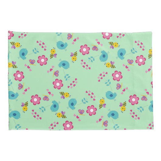 Bijen, vogels en bloemen groen patroon kussensloop (Achterkant-Rechts)