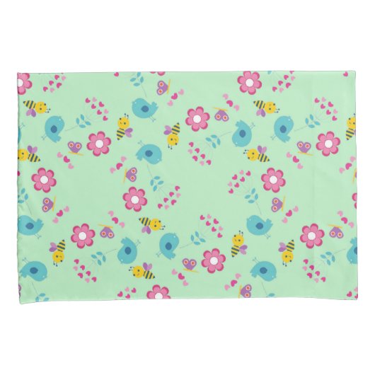 Bijen, vogels en bloemen groen patroon kussensloop (Voorkant-Rechts)