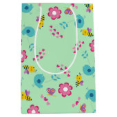 Bijen, vogels en bloemen groen patroon medium cadeauzakje (Voorkant)