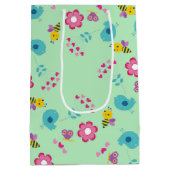 Bijen, vogels en bloemen groen patroon medium cadeauzakje (Achterkant)