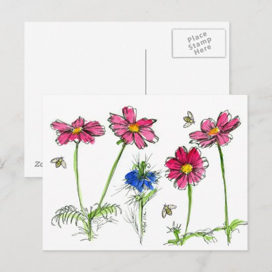 Bijen Waterverf Bloemen Roze Kosmos Briefkaart (Voorkant / Achterkant)