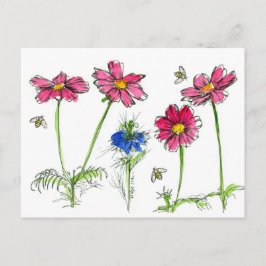 Bijen Waterverf Bloemen Roze Kosmos Briefkaart