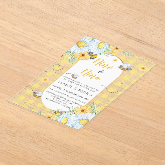 Bijen & Witte Bloemen Gingham Spaans Geslacht Onth Acryl Uitnodigingen (Laagn)