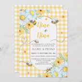 Bijen & Witte Bloemen Gingham Spaans Geslacht Onth Kaart (Voorkant / Achterkant)