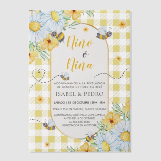 Bijen & Witte Bloemen Gingham Spaans Geslacht Onth Vellum Uitnodigingen (Voorkant)