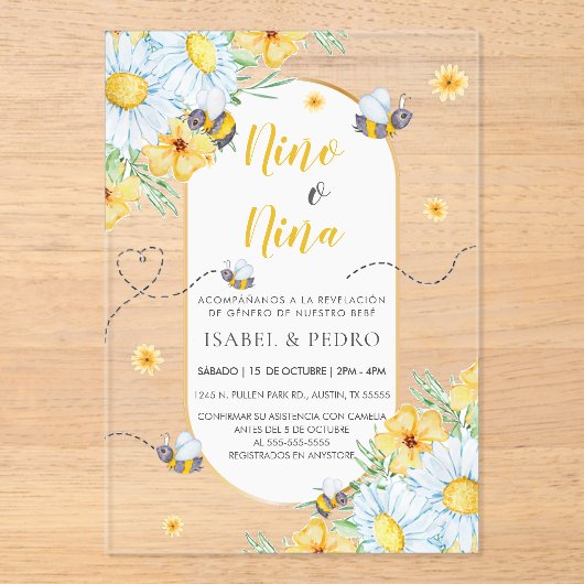 Bijen & Witte Bloemen Spaans Geslacht Onthulling Acryl Uitnodigingen (Voorkant)