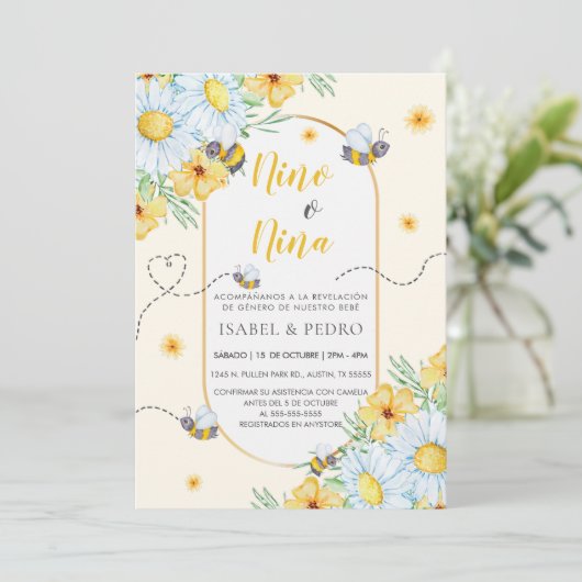 Bijen & Witte Bloemen Spaans Geslacht Onthulling Kaart (Staand voorkant)