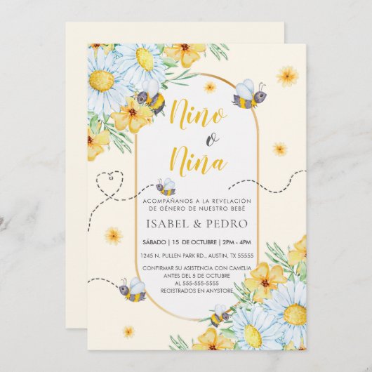 Bijen & Witte Bloemen Spaans Geslacht Onthulling Kaart (Voorkant / Achterkant)