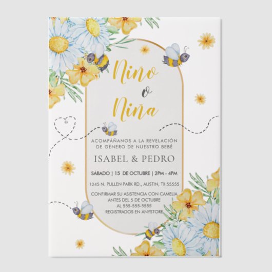 Bijen & Witte Bloemen Spaans Geslacht Onthulling Vellum Uitnodigingen (Voorkant)