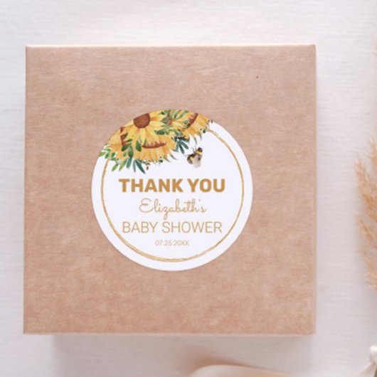 Bijen, zonnebloemen en gouden Baby shower Dank u w Ronde Sticker