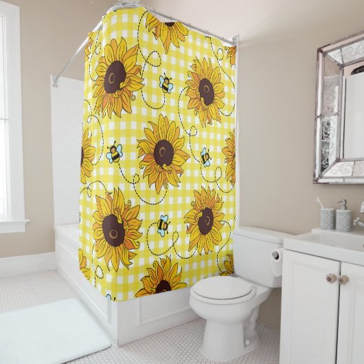 Bijen, zonnebloemen, geruit, vintage. douchegordijn (In situ)