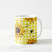 Bijen, zonnebloemen, geruit, vintage. koffiemok (Voorkant rechts)