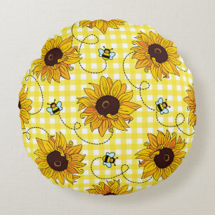 Bijen, zonnebloemen, geruit, vintage patroon. rond kussen