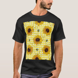 Bijen, zonnebloemen, geruit, vintage. t-shirt