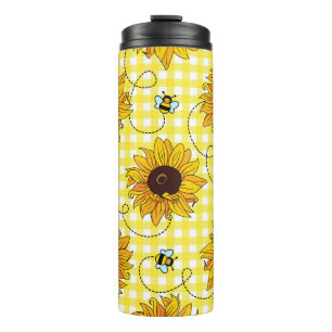 Bijen, zonnebloemen, geruit, vintage. thermosbeker
