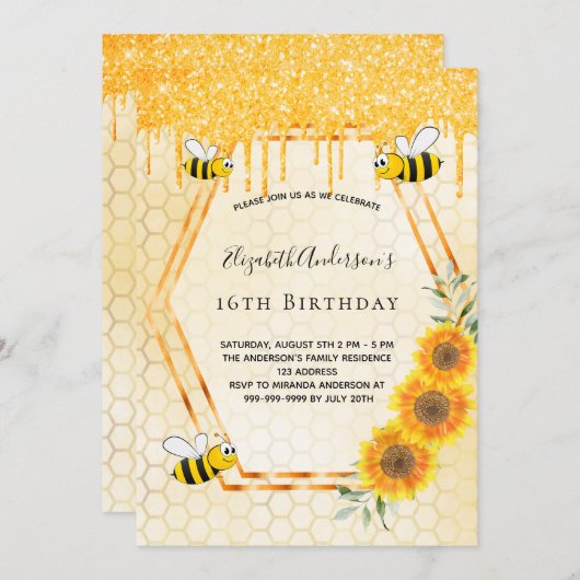 Bijen zonnebloemen gouden honingraat Sweet 16 Kaart (Voorkant / Achterkant)