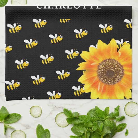 Bijen zwarte gele zonnebloemen theedoek (Gevouwen)