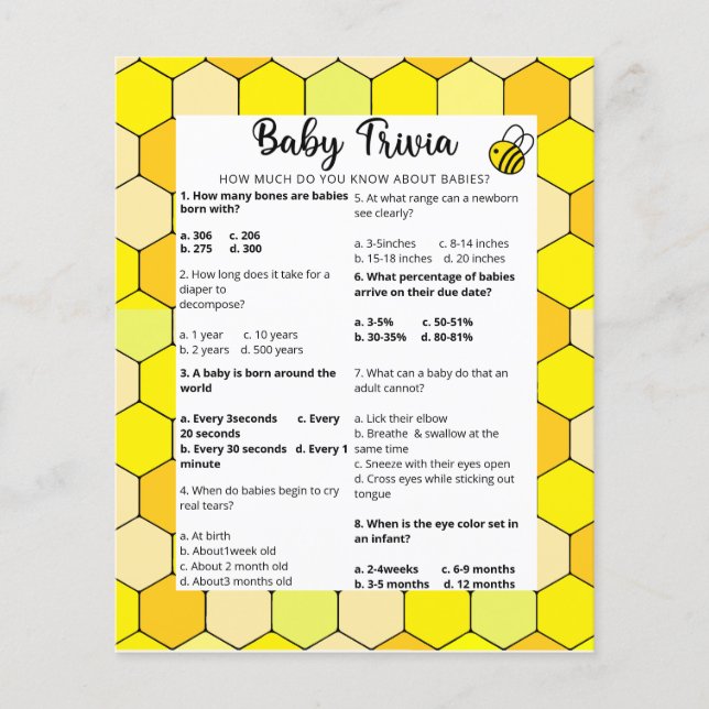Bijenbaby Trivia | Baby Shower Spel (Voorkant)