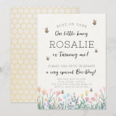 Bijenbloem eerste verjaardagsfeest uitnodiging (Voorkant / Achterkant)