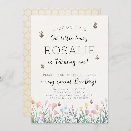 Bijenbloem eerste verjaardagsfeest uitnodiging (Voorkant / Achterkant)