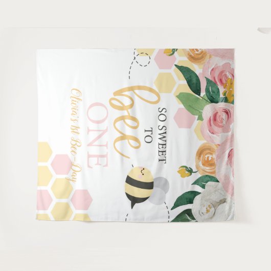 Bijendag Bij 1e Verjaardag roze bloemenslinger Wandkleed (Voorkant (horizontaal))