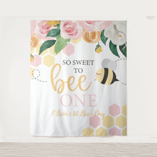 Bijendag Bij 1e Verjaardag roze bloemenslinger Wandkleed (Voorkant)