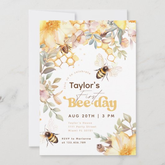 Bijendag Bumblebee 1e Verjaardag Bloemen Verjaarda Kaart (Voorkant)