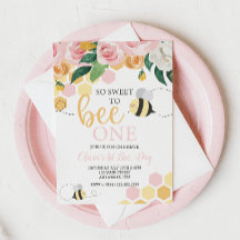 Bijendag hommel 1e Birthday roze floral Invitat