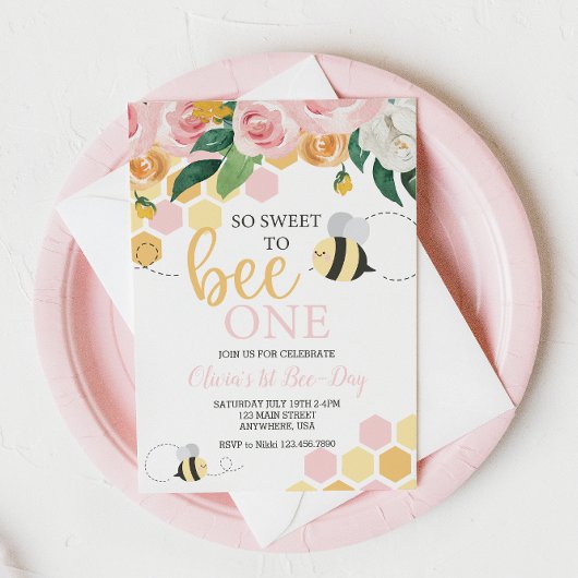 Bijendag hommel 1e Birthday roze floral Invitat Kaart