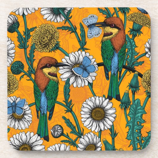 Bijeneters, blauwe vlinders en zeeduivel op sinaas bier onderzetter (Voorkant)