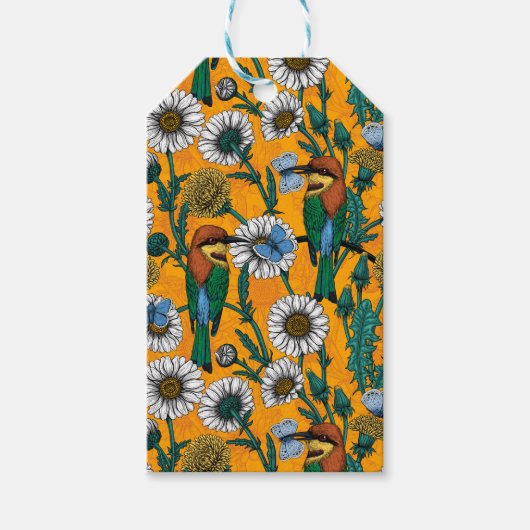 Bijeneters, blauwe vlinders en zeeduivel op sinaas cadeaulabel (Voorkant)