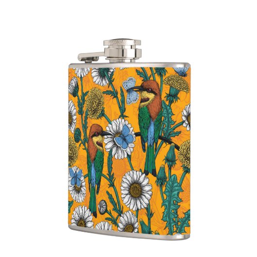 Bijeneters, blauwe vlinders en zeeduivel op sinaas heupfles (Links)