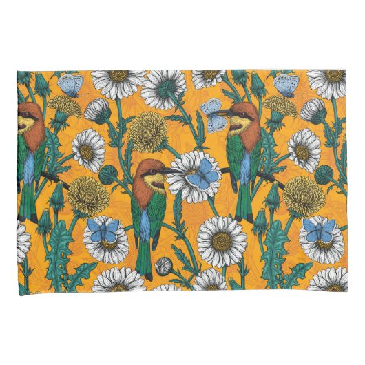 Bijeneters, blauwe vlinders en zeeduivel op sinaas kussensloop (Voorkant-Rechts)