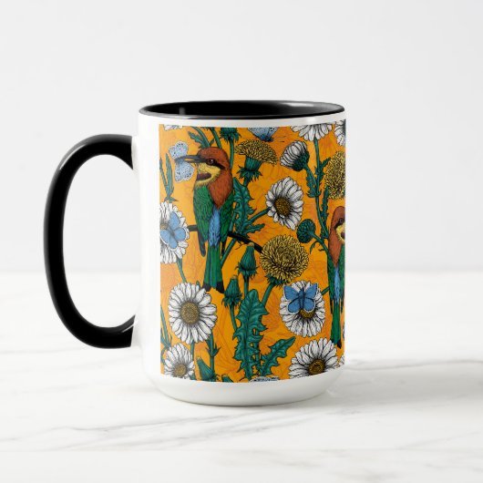 Bijeneters, blauwe vlinders en zeeduivel op sinaas mok (Links)