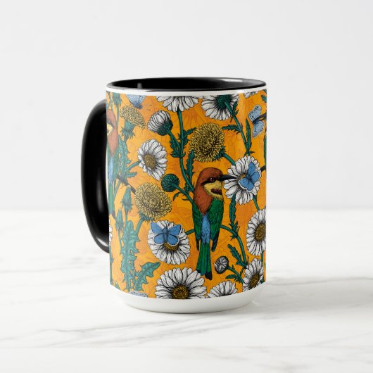 Bijeneters, blauwe vlinders en zeeduivel op sinaas mok (Voorkant links)