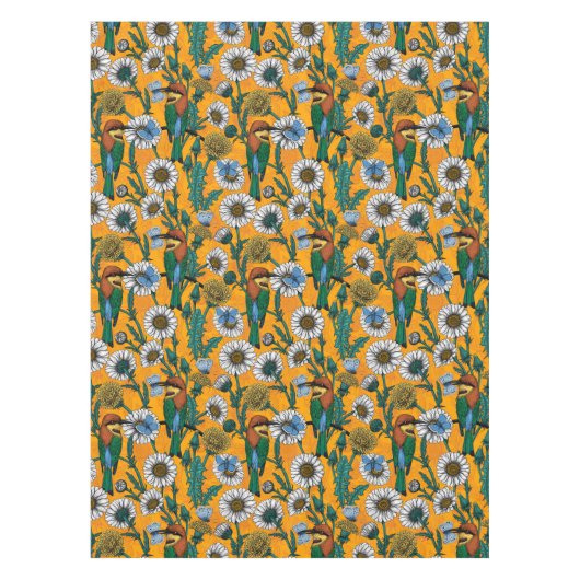 Bijeneters, blauwe vlinders en zeeduivel op sinaas tafelkleed (Voorkant)