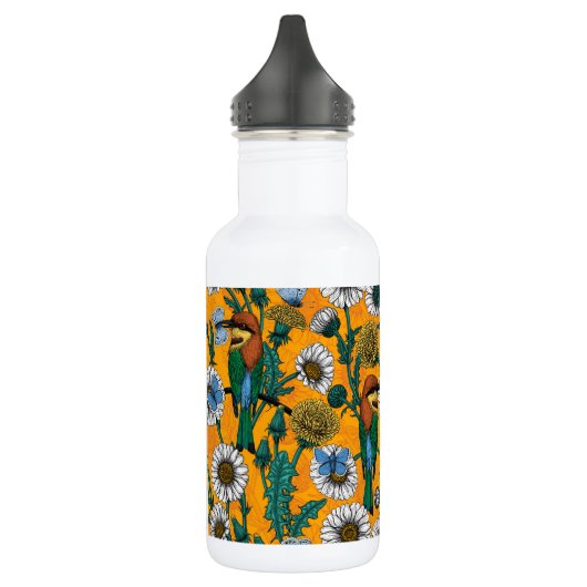 Bijeneters, blauwe vlinders en zeeduivel op sinaas waterfles  (Links)