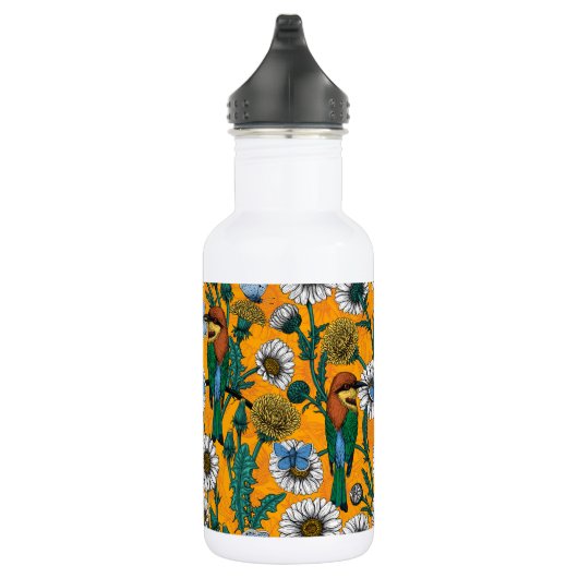 Bijeneters, blauwe vlinders en zeeduivel op sinaas waterfles  (Rechts)