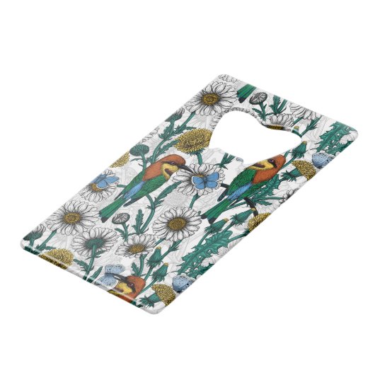 Bijeneters, blauwe vlinders en zeeduivel op wit creditkaart flessenopener (Voorkant Gekanteld)