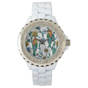 Bijeneters, blauwe vlinders en zeeduivel op wit horloge