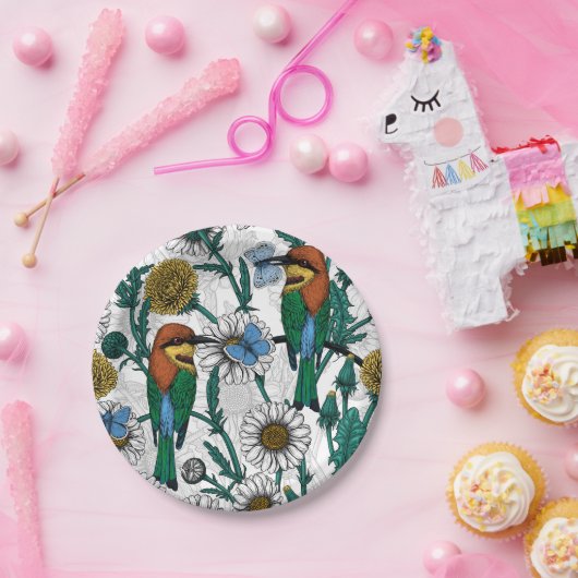 Bijeneters, blauwe vlinders en zeeduivel op wit papieren bordje (Feest)