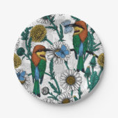 Bijeneters, blauwe vlinders en zeeduivel op wit papieren bordje (Voorkant)