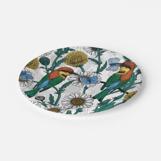 Bijeneters, blauwe vlinders en zeeduivel op wit papieren bordje (Gekanteld)