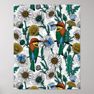 Bijeneters, blauwe vlinders en zeeduivel op wit poster