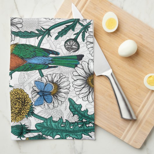 Bijeneters, blauwe vlinders en zeeduivel op wit theedoek (Quarter Fold)