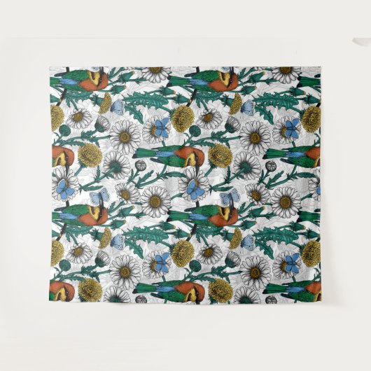 Bijeneters, blauwe vlinders en zeeduivel op wit wandkleed (Voorkant (horizontaal))